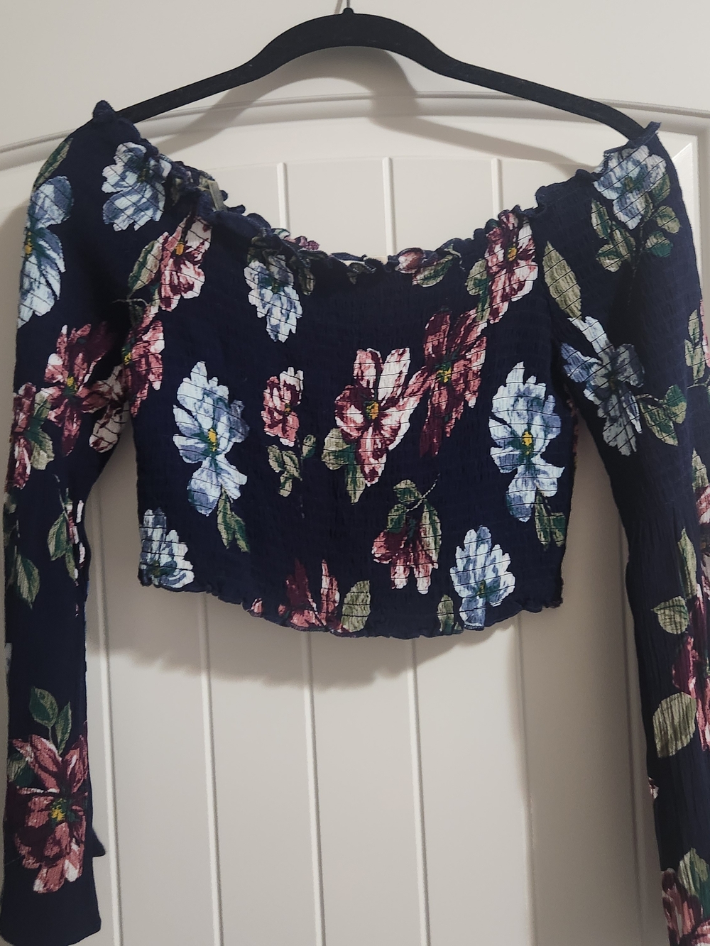 La Hearts Navy Floral Off-Shoulder Smocked Crop Top